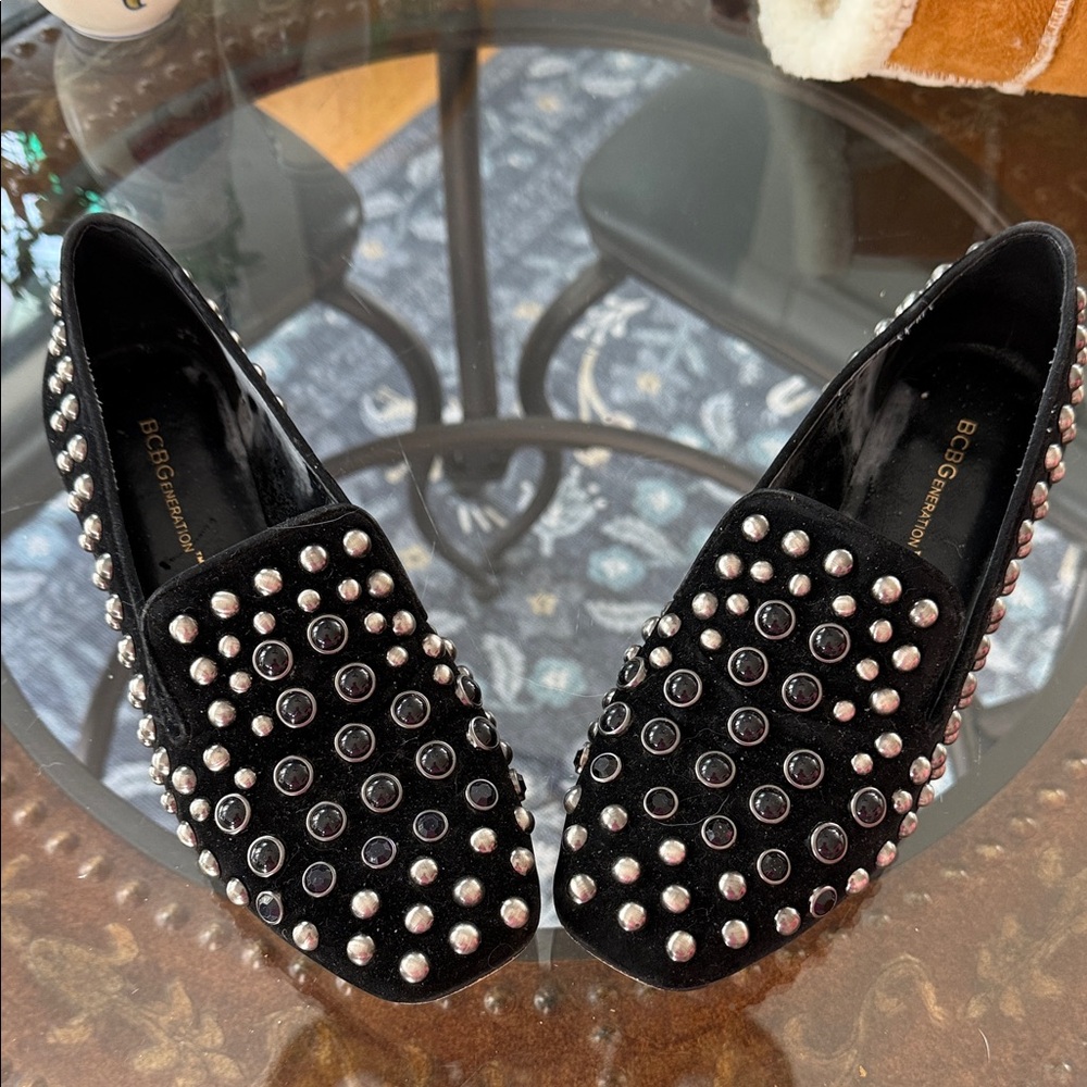 BCBGeneration Black Suede Silver Studded loafer size 6